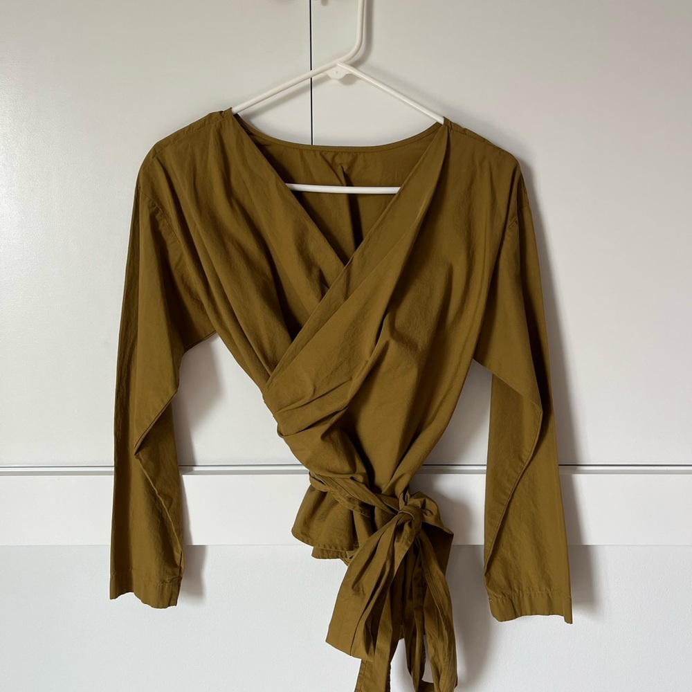 Uniqlo Olive Wrap Tie Long-Sleeve Blouse